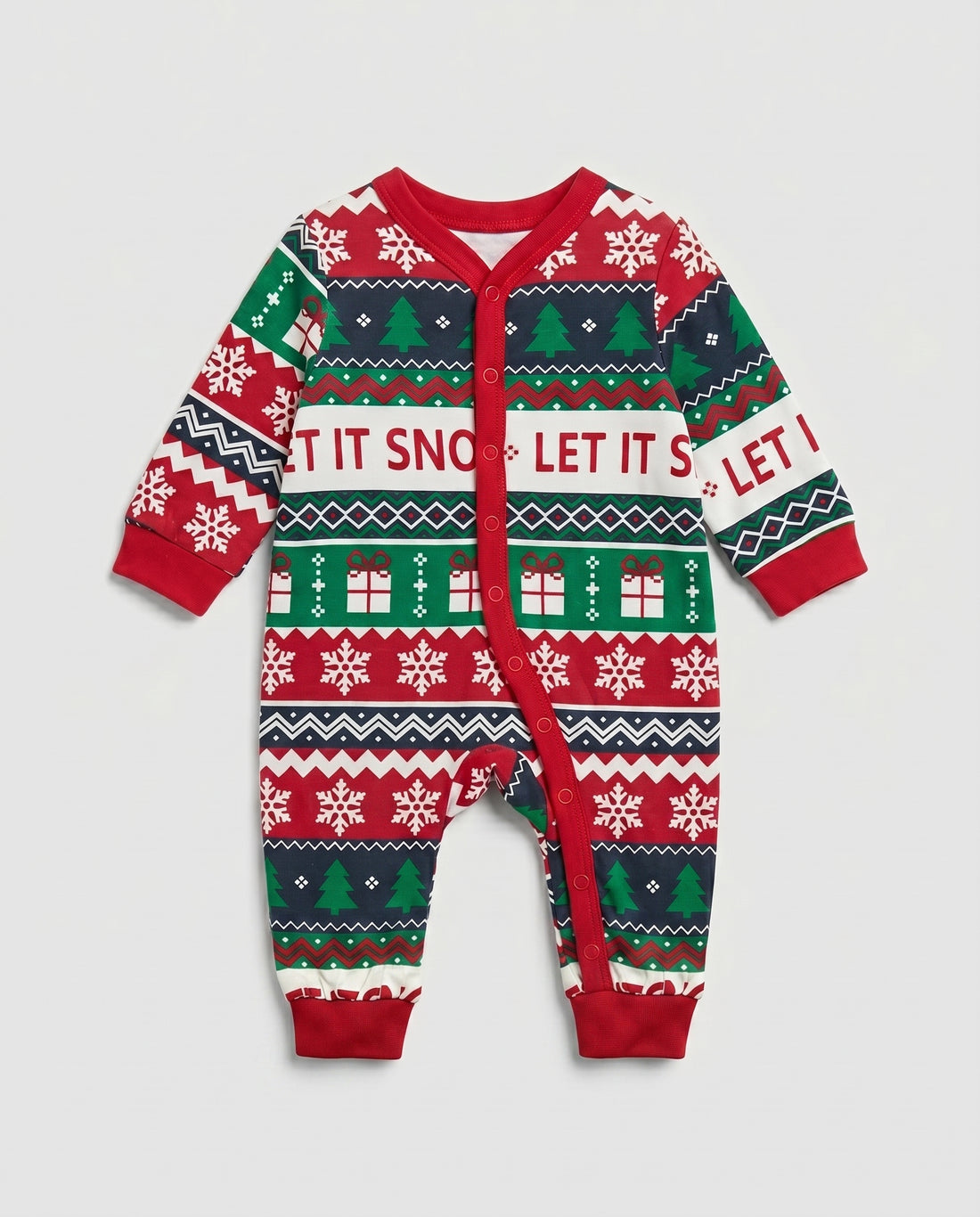 Christmas-themed baby onesie with 'Let It Snow' text on a white background
