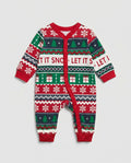 Christmas-themed baby onesie with 'Let It Snow' text on a white background