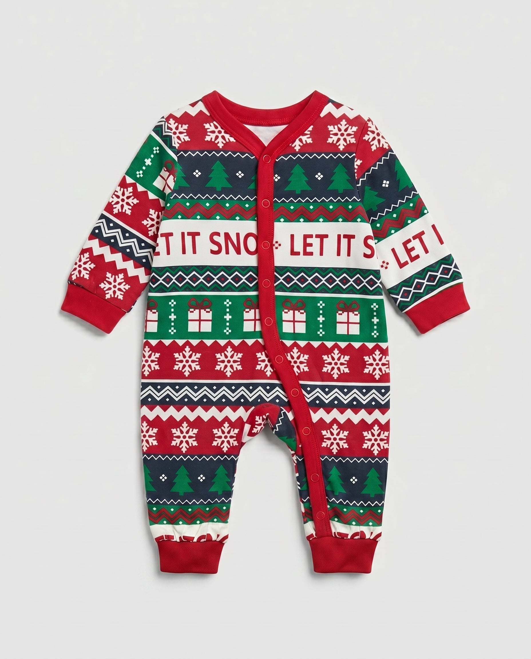 Christmas-themed baby onesie with 'Let It Snow' text on a white background