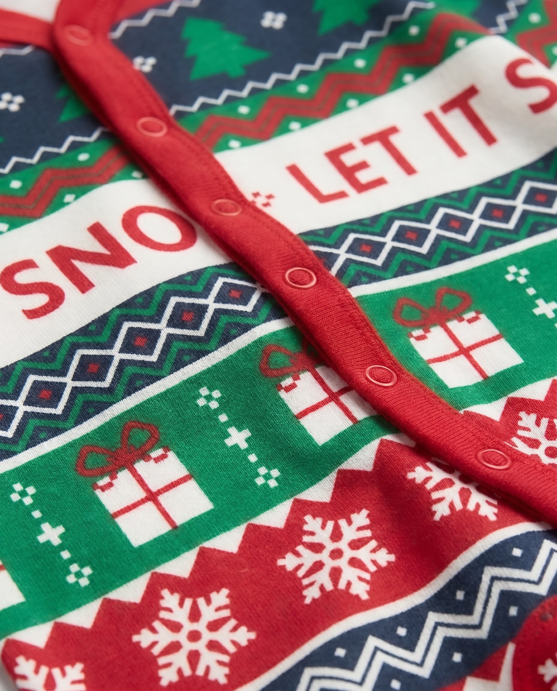 Close-up of a Christmas-themed fabric with patterns and text.