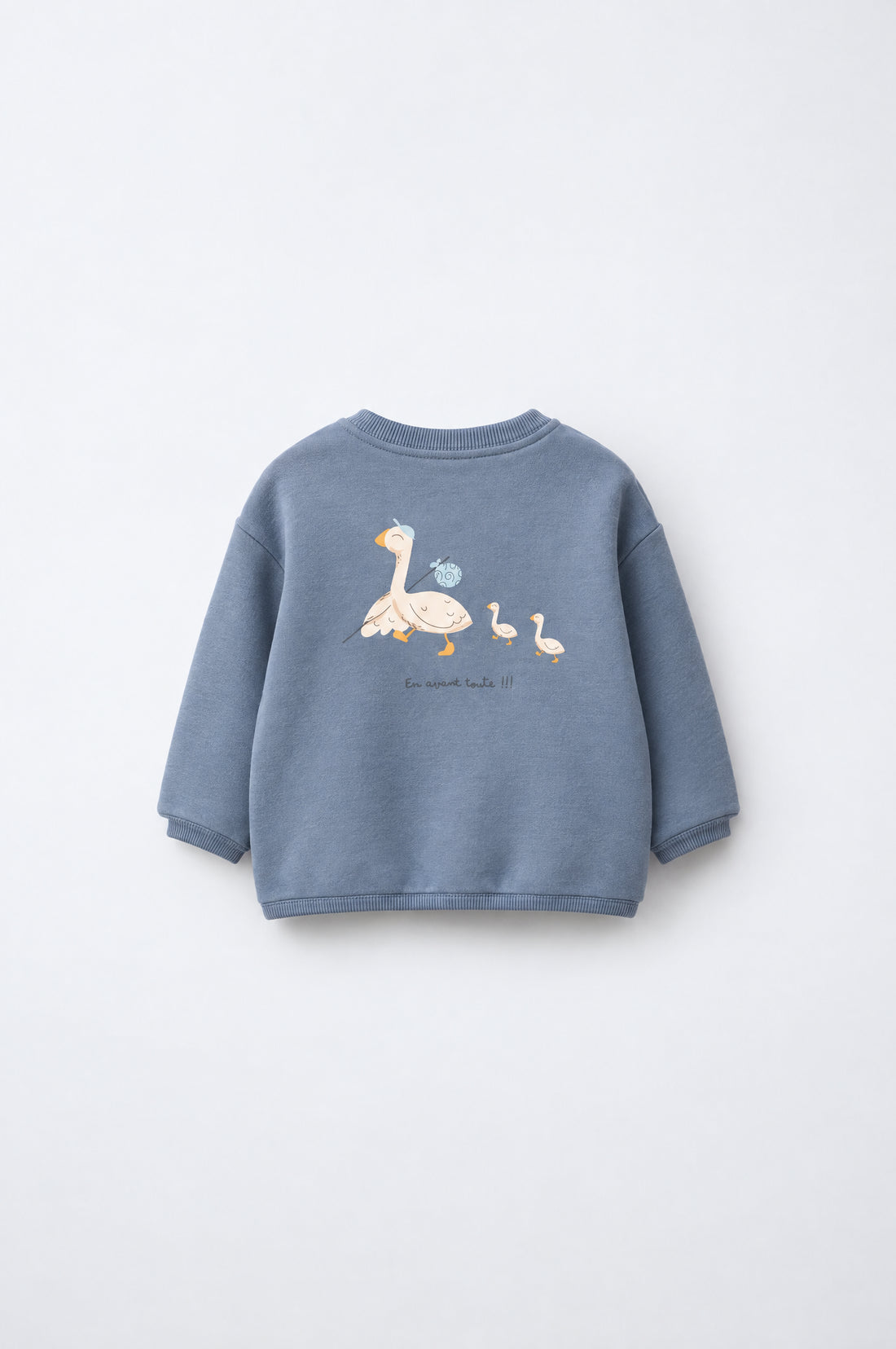 Dusty blue baby fleece sweatshirt with asymmetric snap fastening, French text and goose family back print