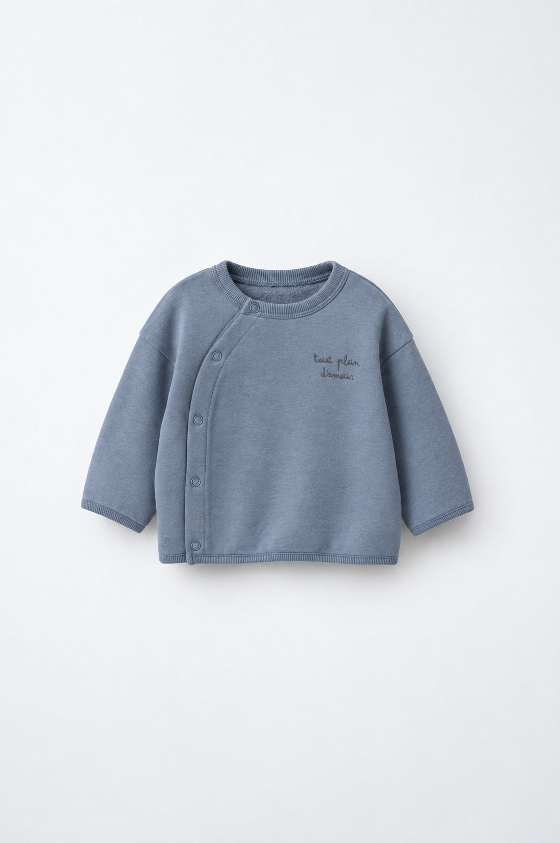 Dusty blue baby fleece sweatshirt with asymmetric snap fastening, French text and goose family back print