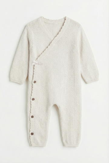 Side Parted Knit Baby Romper Off White