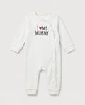 Ivory baby long-sleeve romper with grey polka dot print and 