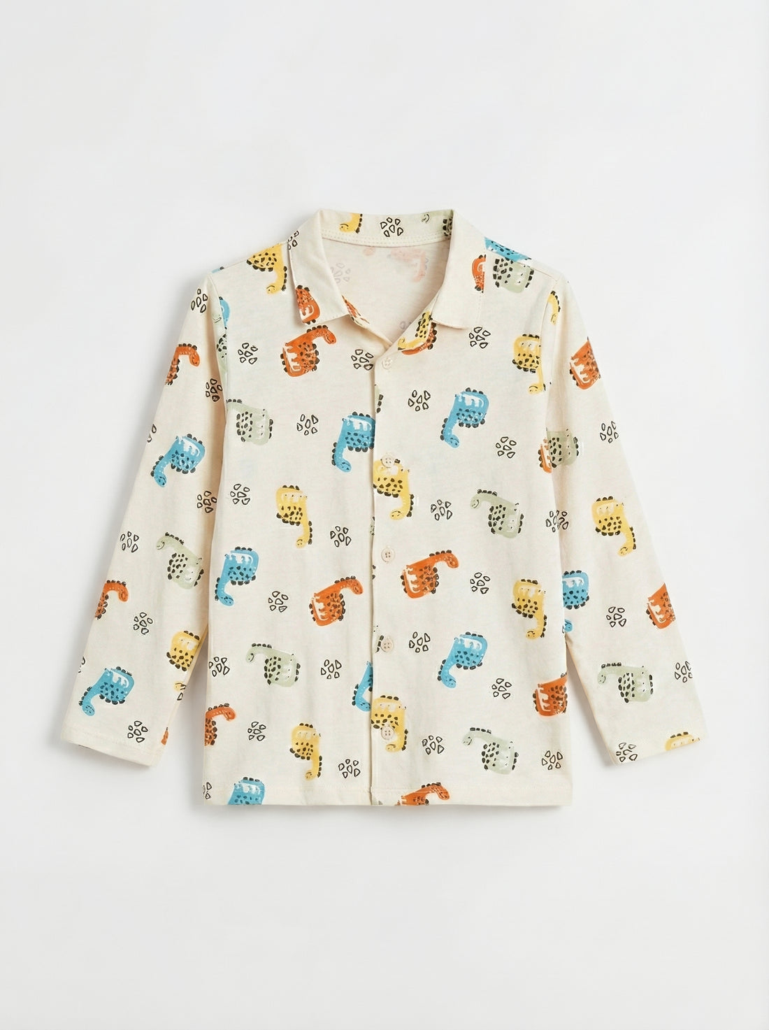 Baby Long Sleeve Polo Top | Beige, Dino Print