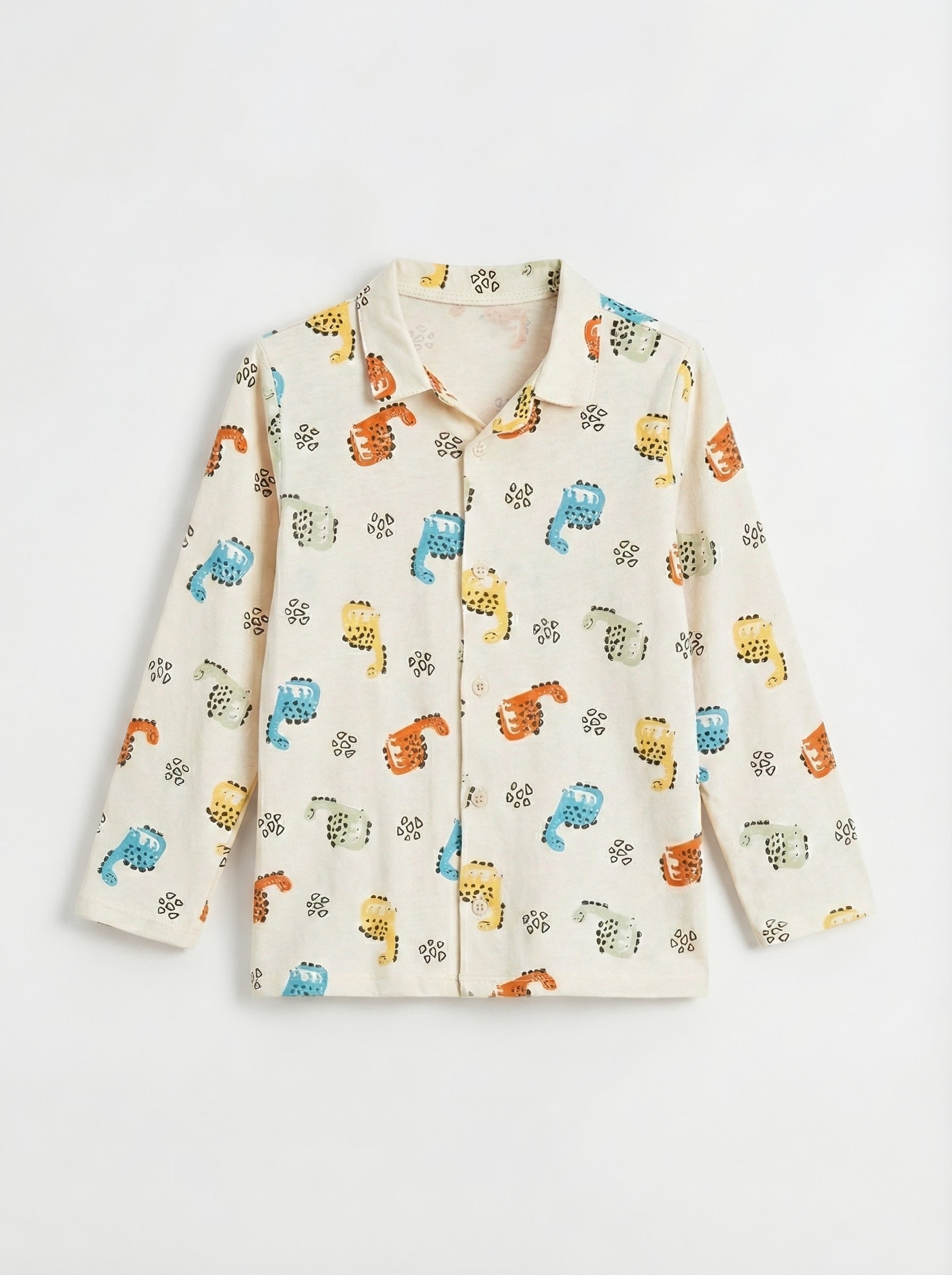 Baby Long Sleeve Polo Top | Beige, Dino Print