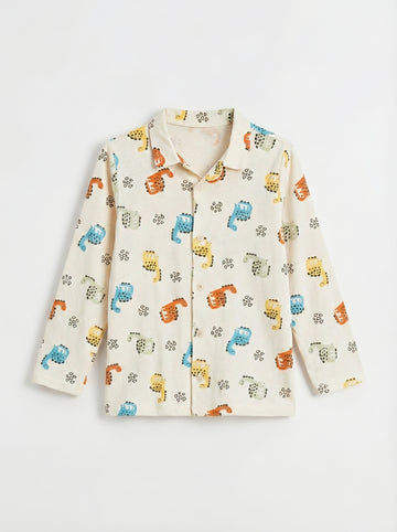 Baby Long Sleeve Polo Top | Beige, Dino Print
