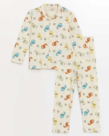 Baby 2-piece cotton pajama set in beige color with a cute print, polo collar, and long sleeves.
