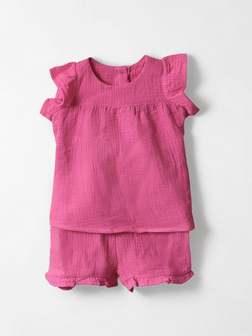 Baby Girl's Soft Muslin Ruffle Sleeve Set | Baby Pink Color
