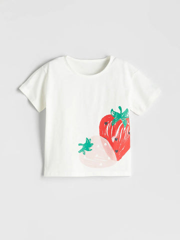 Baby Girl's White Strawberry Print Cotton T-shirt
