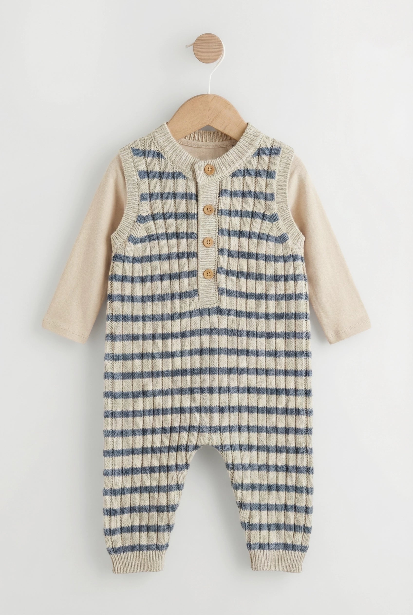 Baby Knit Dungaree Set blue striped pattern front - PTex