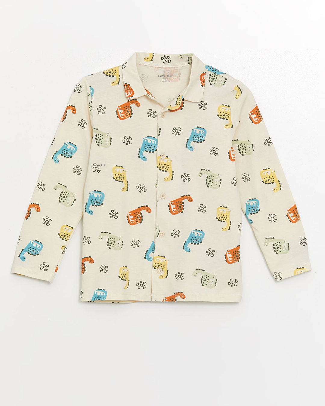 Baby 2-piece cotton pajama set in beige color with a cute print, polo collar, and long sleeves.