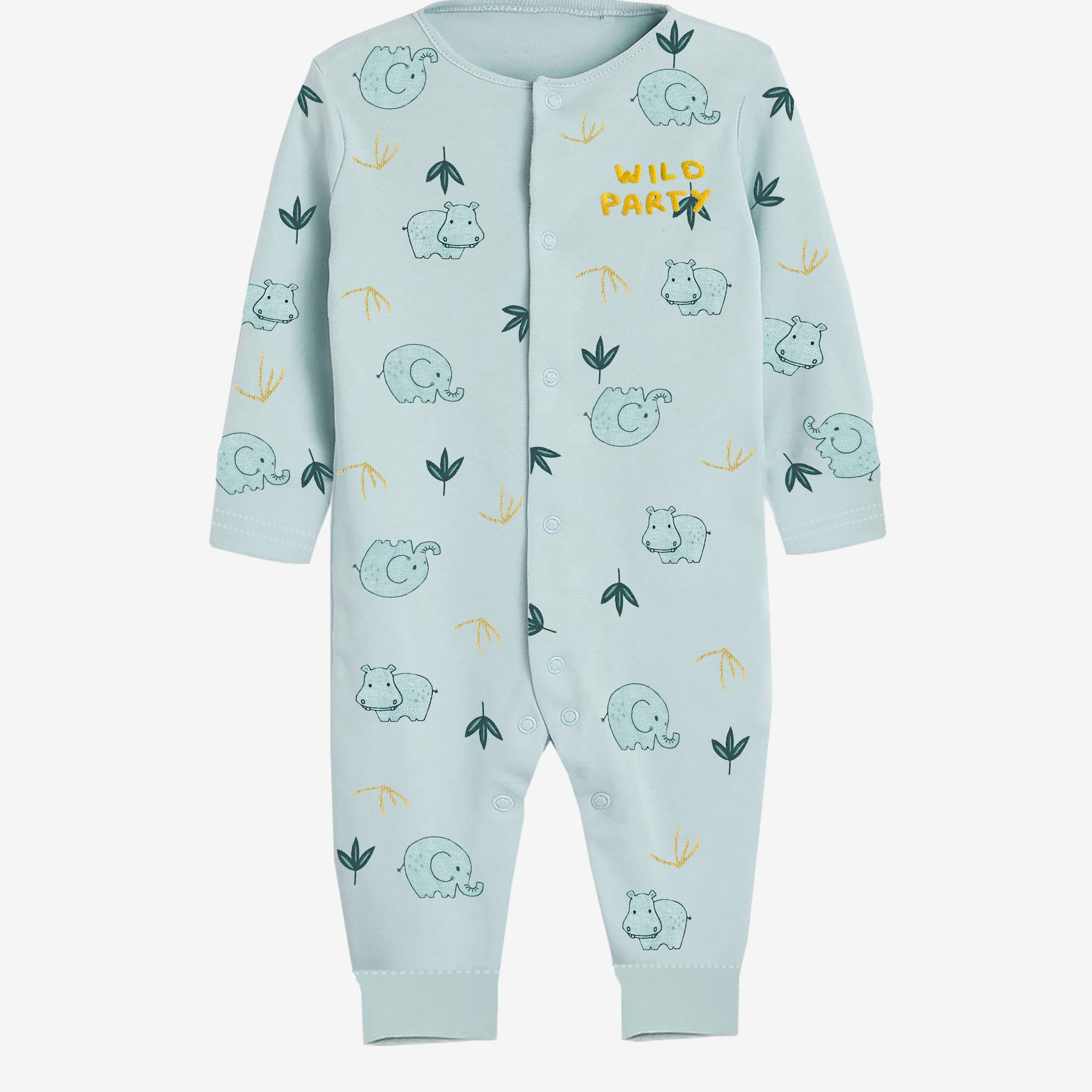 Baby Romper made of Cotton, Snap Button, Ocean Blue color and with a Baby Elephant print