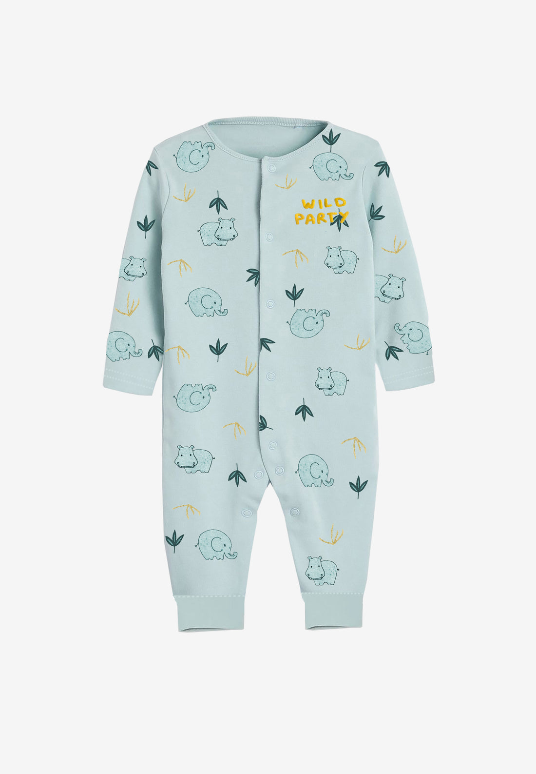Baby Romper made of Cotton, Snap Button, Ocean Blue color and with a Baby Elephant print