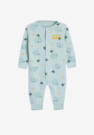Baby Romper made of Cotton, Snap Button, Ocean Blue color and with a Baby Elephant print