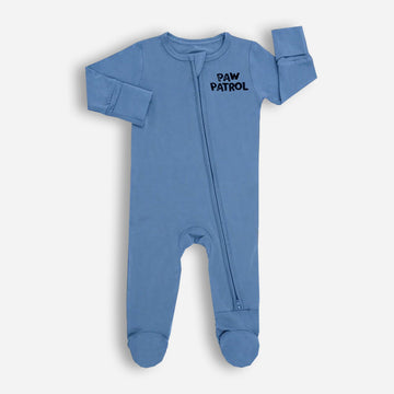 Baby Romper made of Cotton fabric and in blue color with a front zipper opening featuring paw patrol