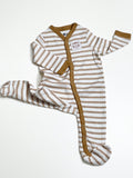 Baby Rompers Dress with attached footwear in stripped pattern and off white color.