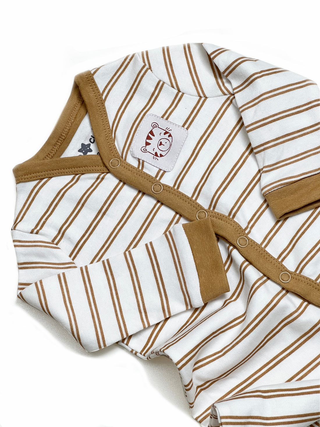 Baby Rompers Dress with attached footwear in stripped pattern and off white color.