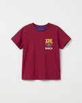 Baby and toddler burgundy short-sleeve t-shirt with official FC Barcelona crest and Barça wordmark