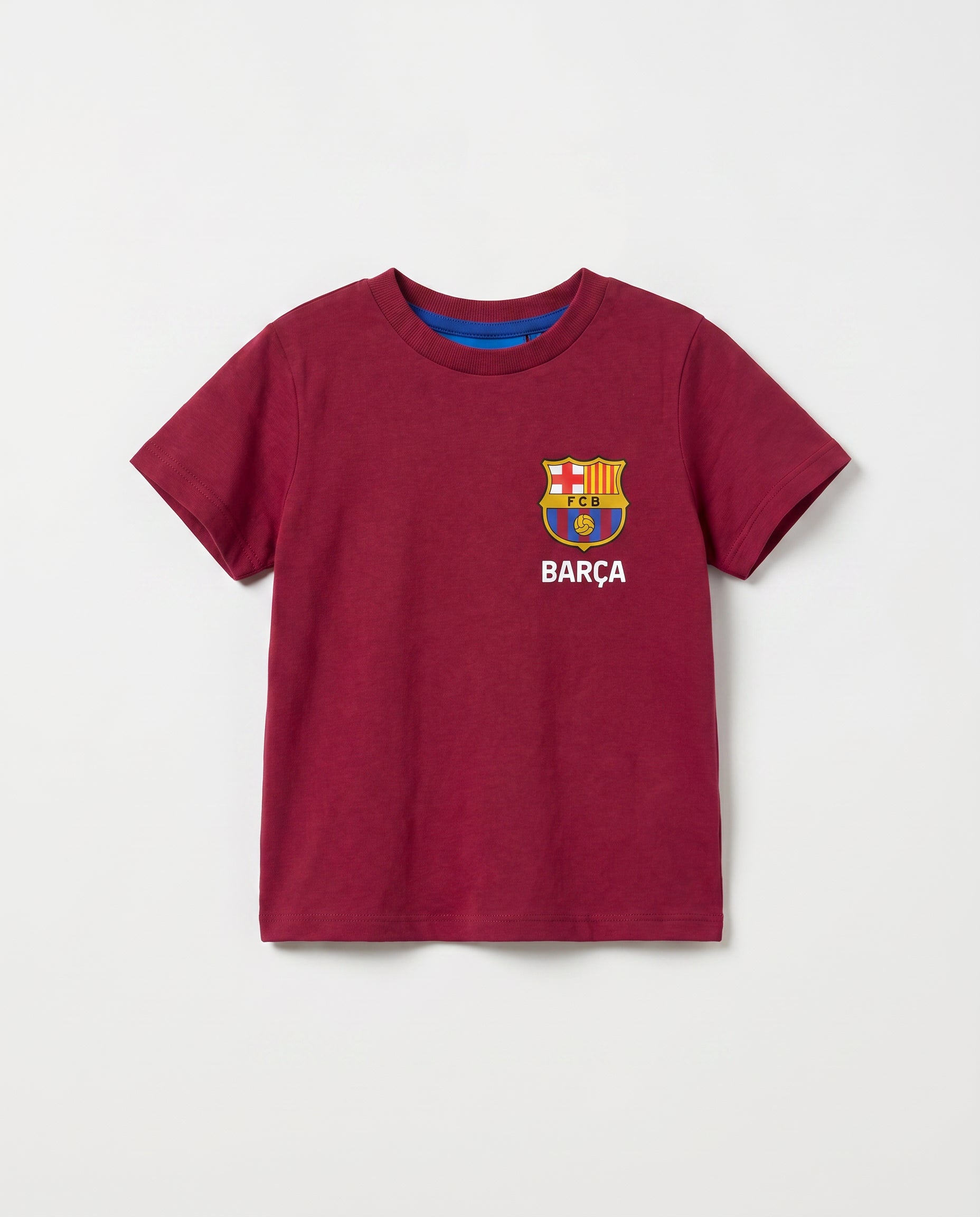 Baby and toddler burgundy short-sleeve t-shirt with official FC Barcelona crest and Barça wordmark