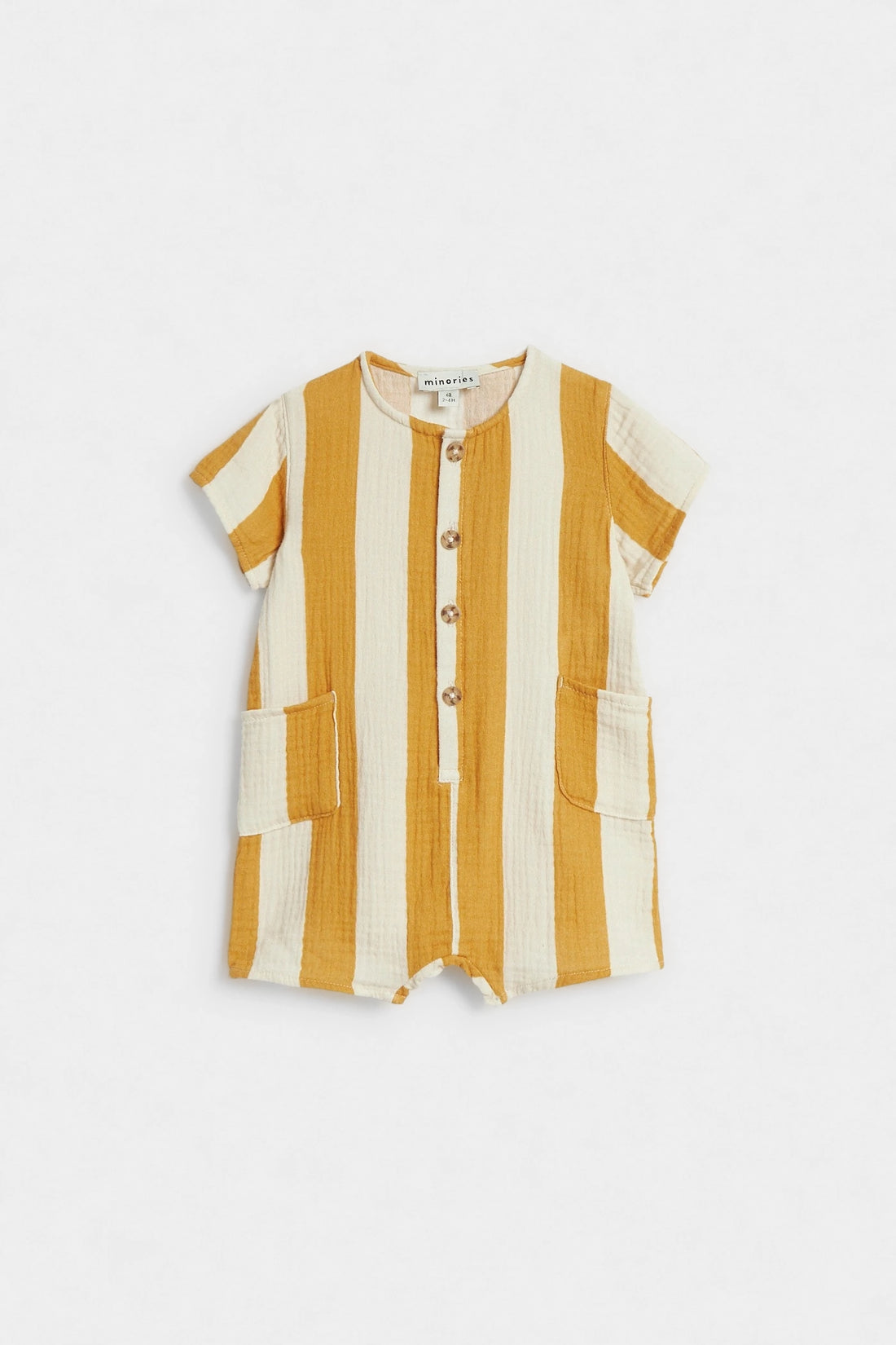PTex Fashion baby boys' striped muslin romper, full front flat lay