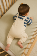 Baby in a striped shirt and beige overalls lying on a crib with a wooden frame.
