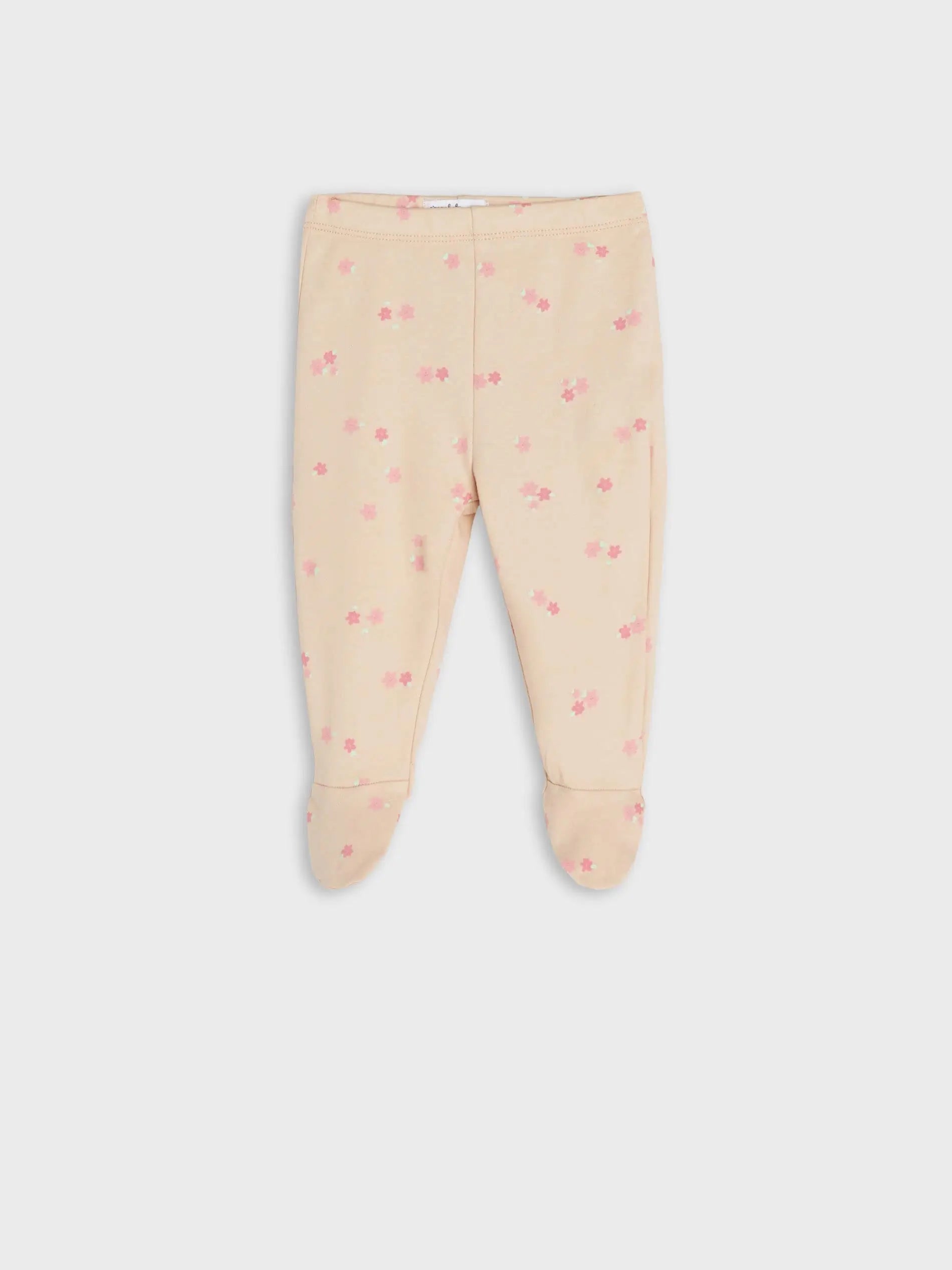 100% cotton Baby leggings in beige floral print with attached footwear