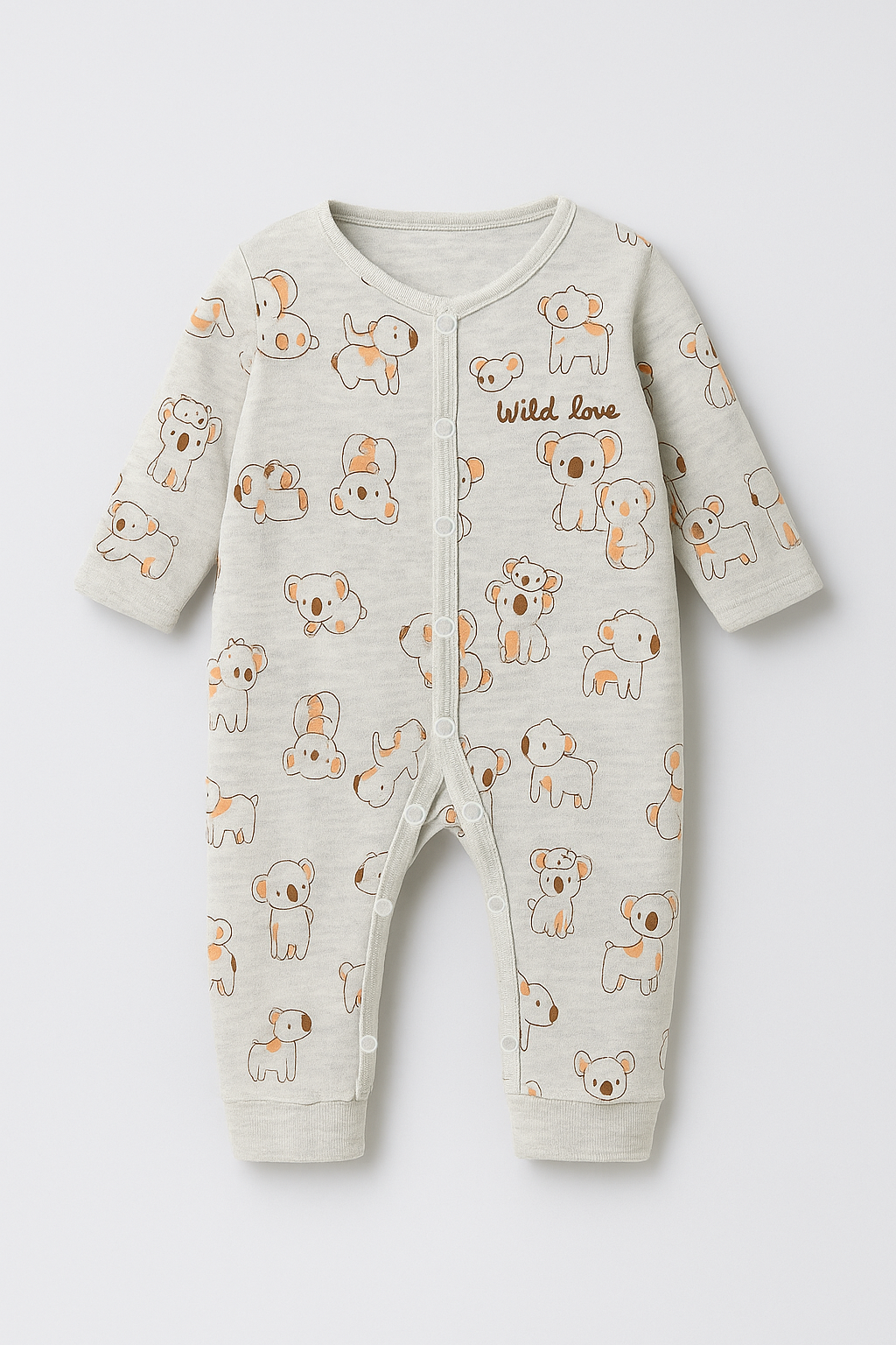 Baby romper with animal print on a light gray background