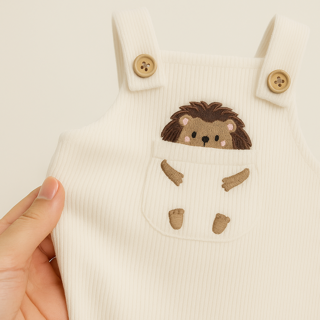 Baby romper with embroidered hedgehog design held by a hand against a plain background
