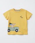 Boys' yellow short-sleeve t-shirt with a puppy driving a green car and Beep Beep slogan print