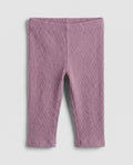 Baby girls' mauve purple cable-knit leggings with stretch fit, flat lay