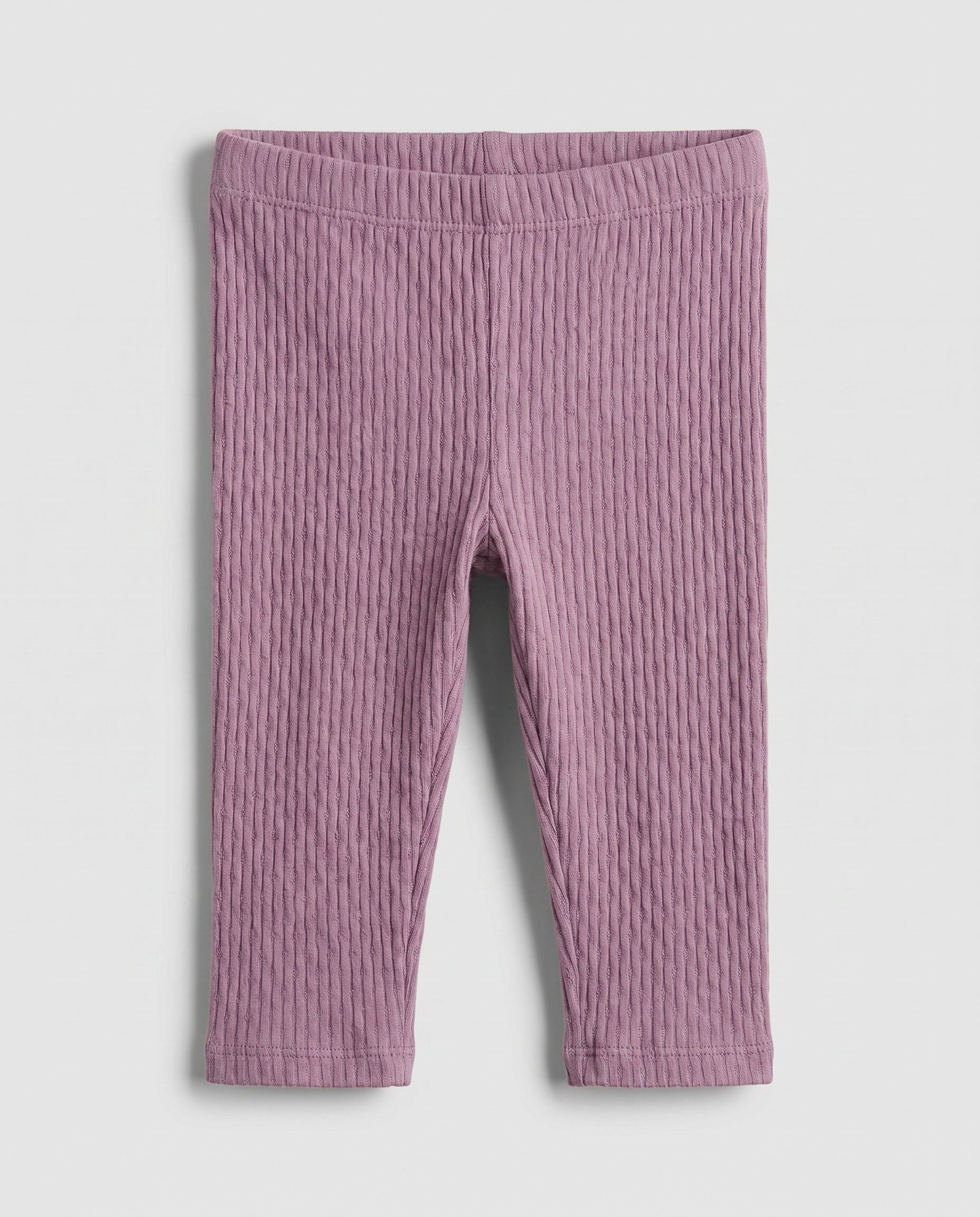 Baby girls' mauve purple cable-knit leggings with stretch fit, flat lay