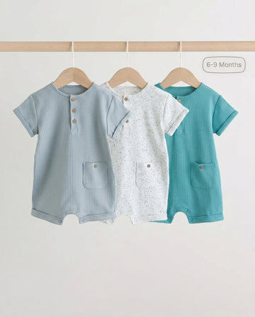 3 Pack Baby Ribbed Short Sleeve Romper - Dusky Blue/Teal/Grey Marl