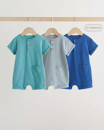 3 Pack Baby Ribbed Short Sleeve Romper - Teal/Grey/Royal Blue