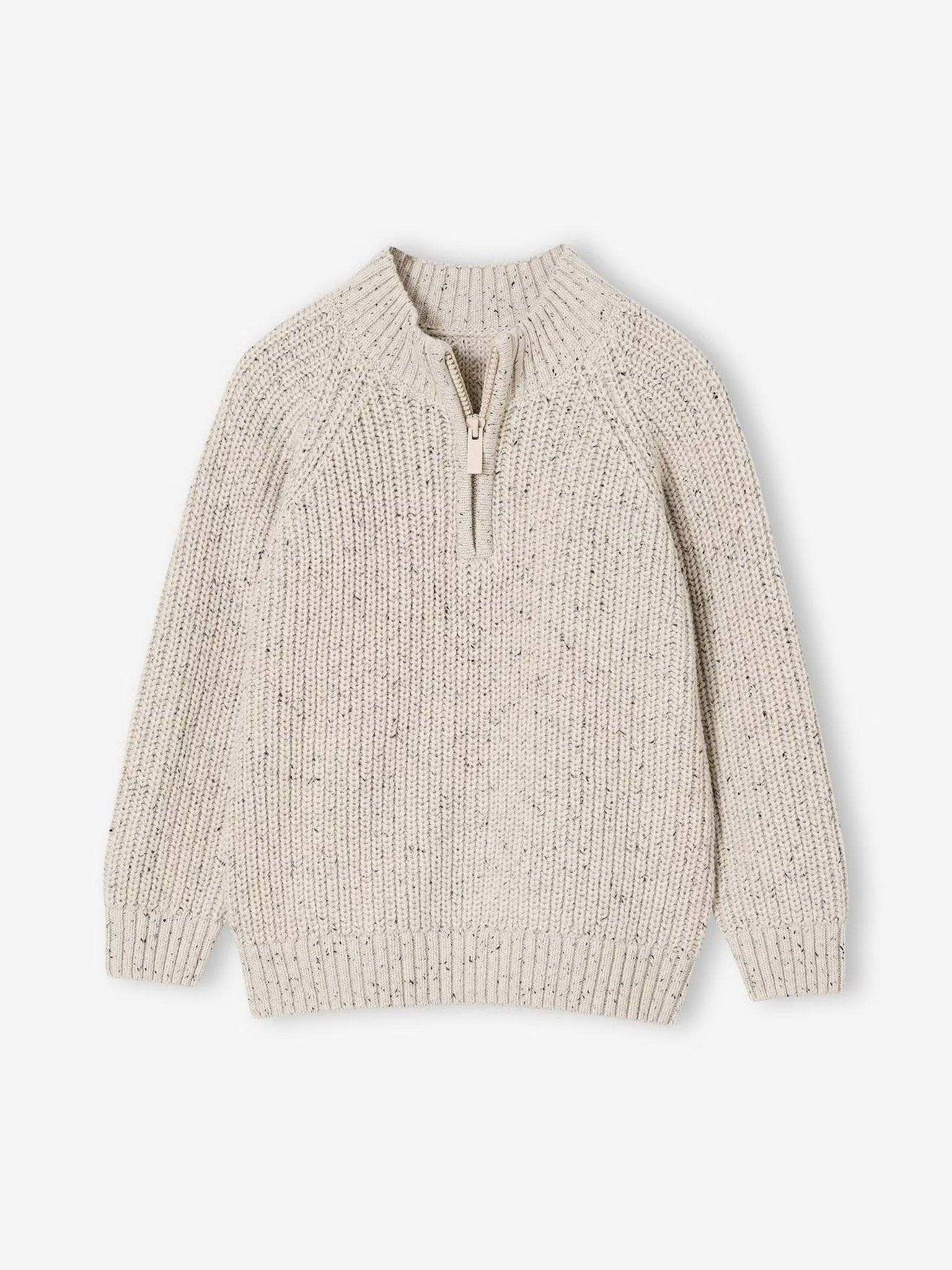Beige knitted sweater with a zipper on a white background