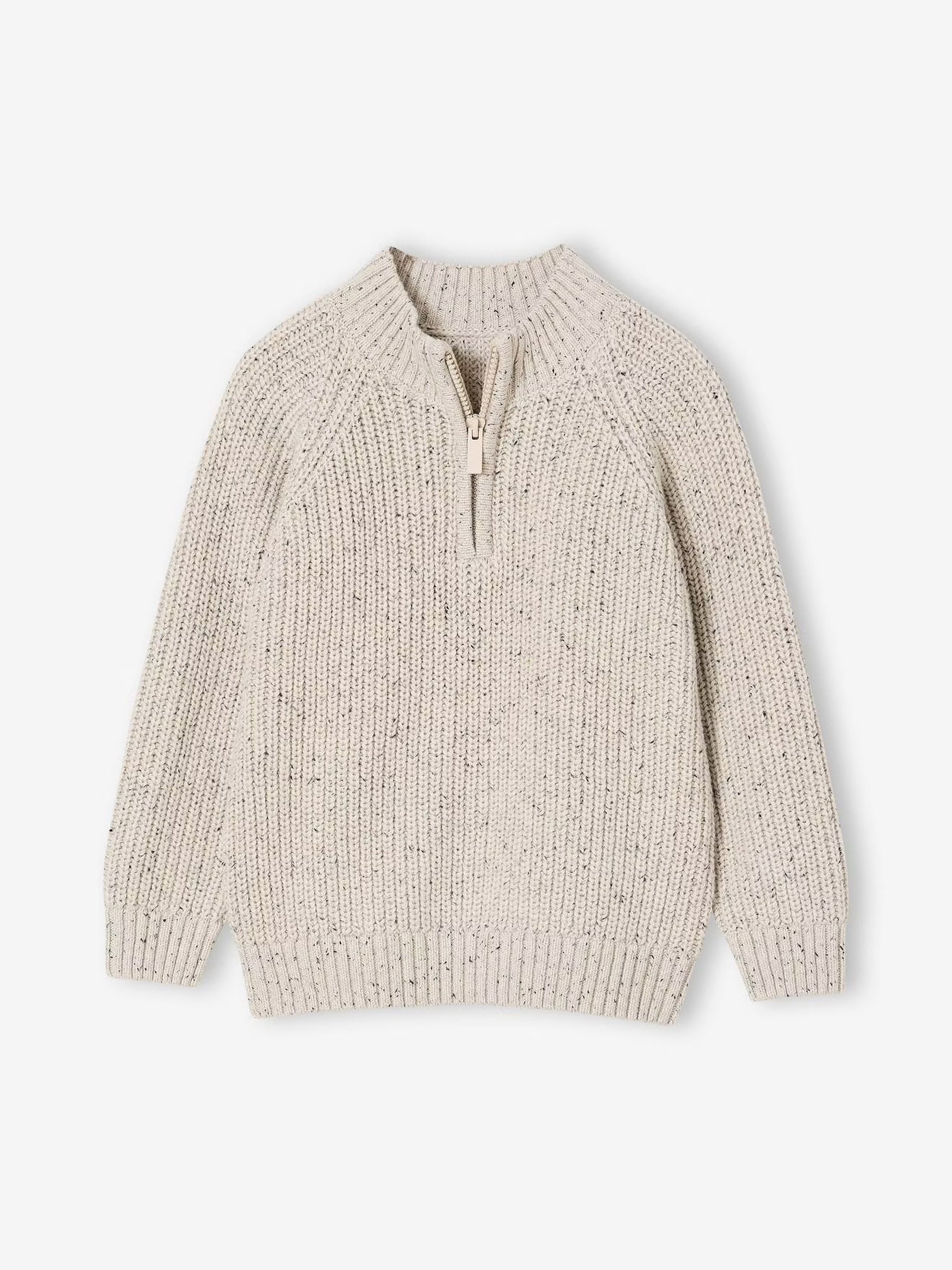 Beige knitted sweater with a zipper on a white background