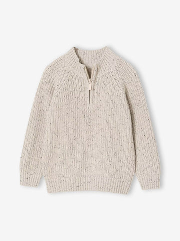 Beige knitted sweater with a zipper on a white background
