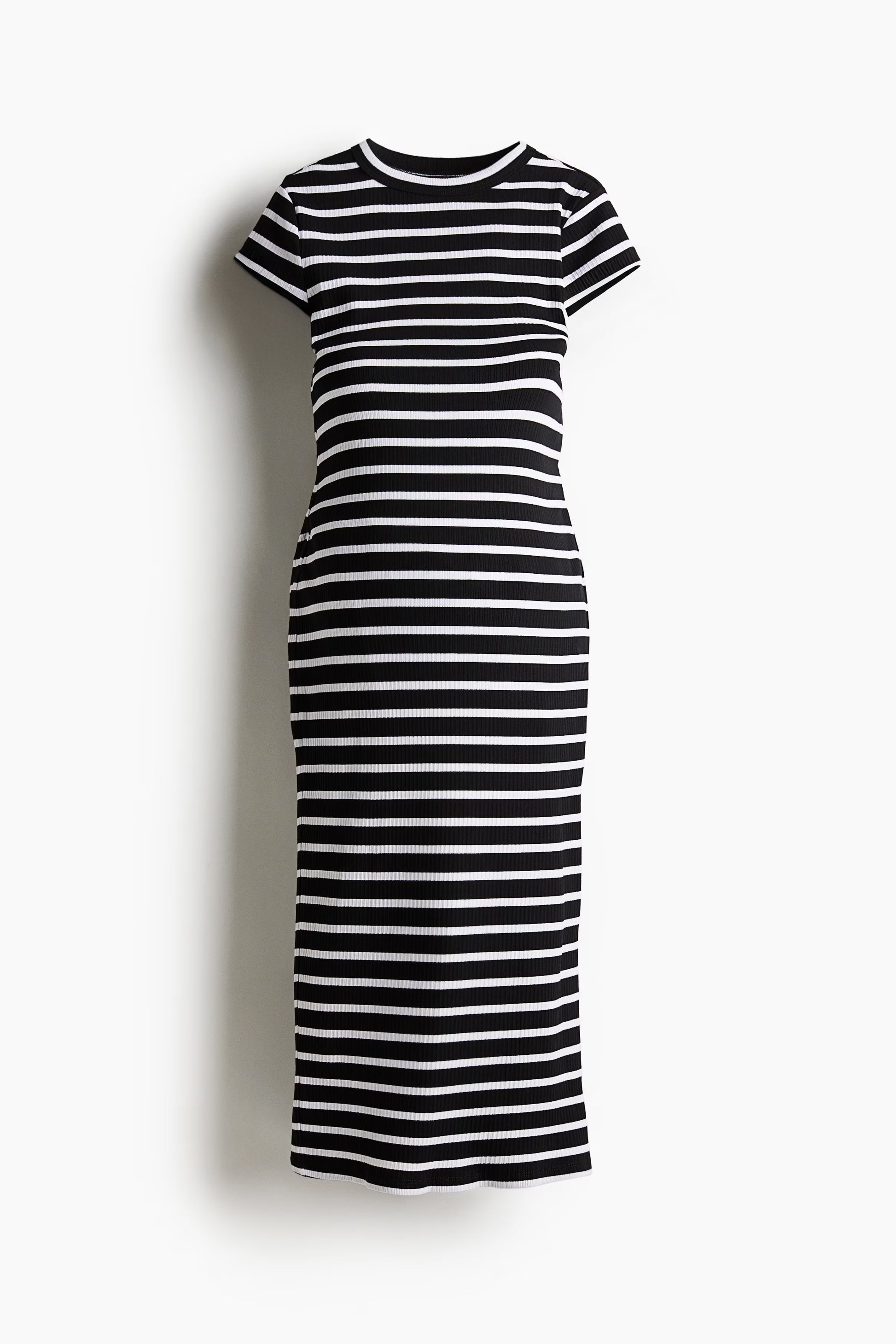 Black and white striped midi dress on a white background