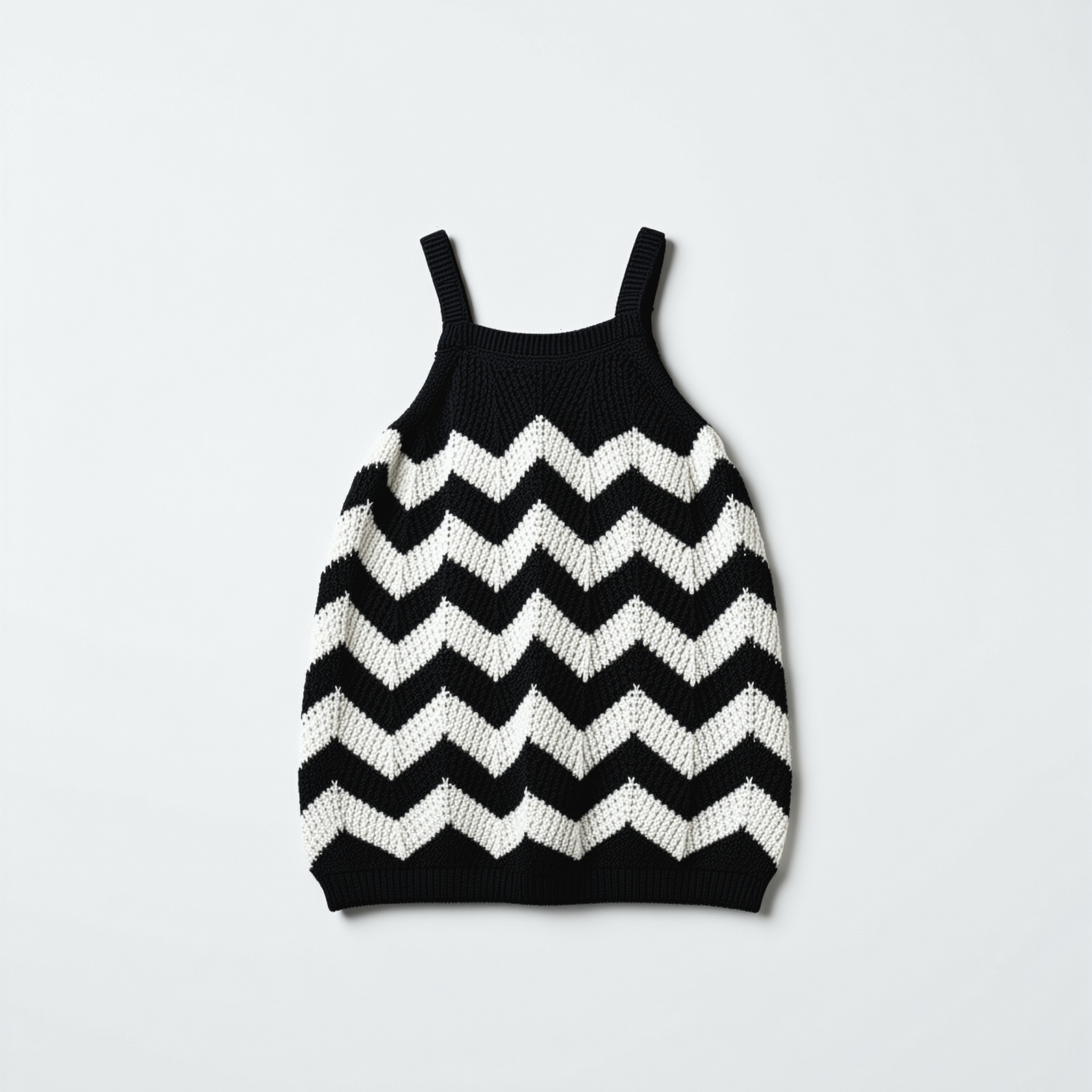 Black and white zigzag patterned dress on a light gray background