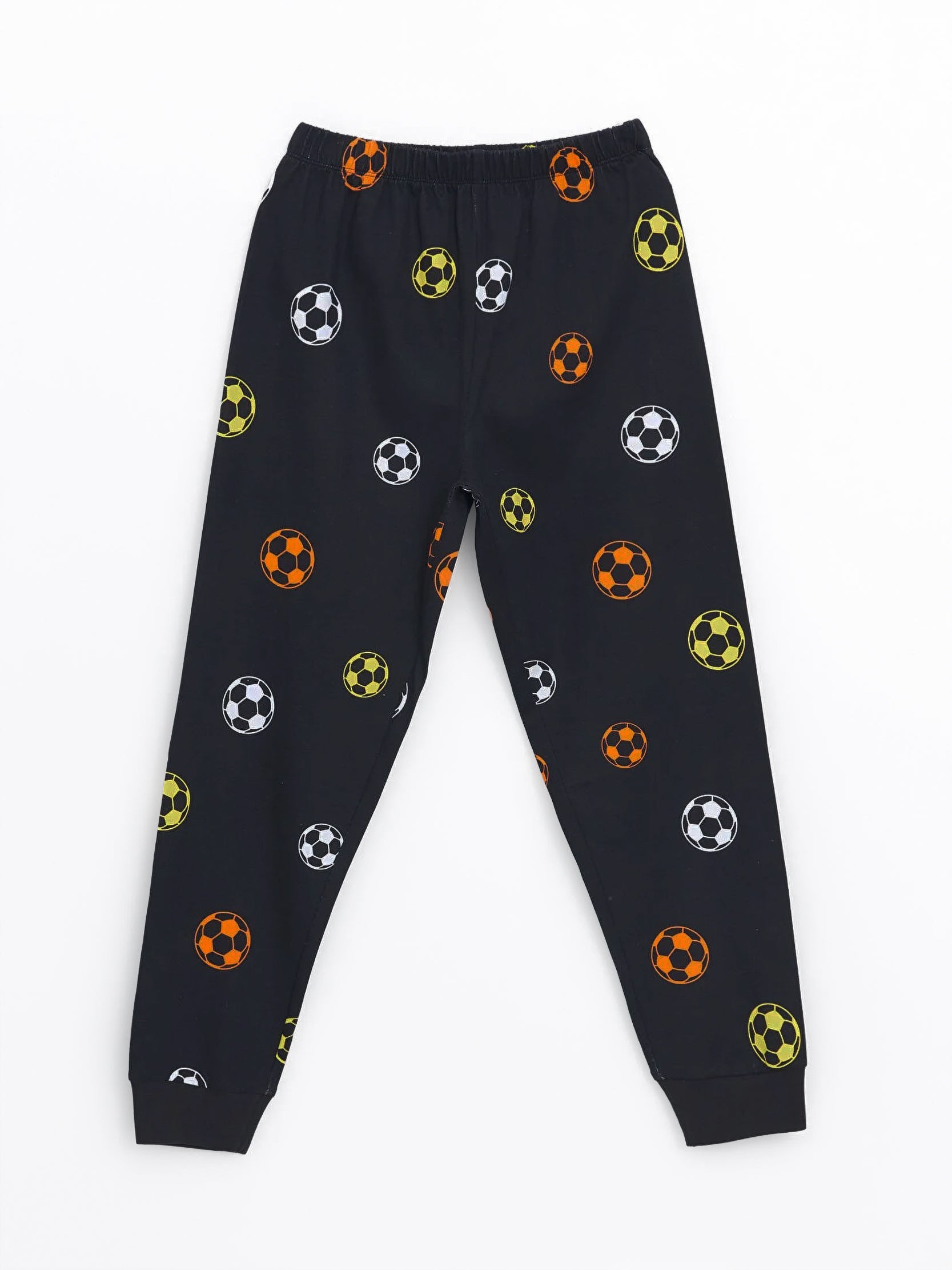 Black pants with colorful soccer ball pattern on a white background