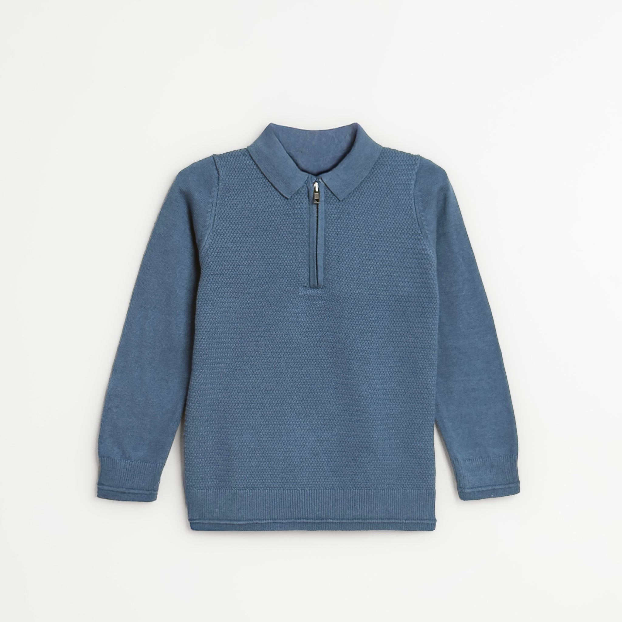 Blue long-sleeve shirt with collar on a light gray background