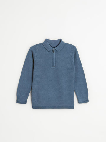 Blue long-sleeve shirt with collar on a light gray background