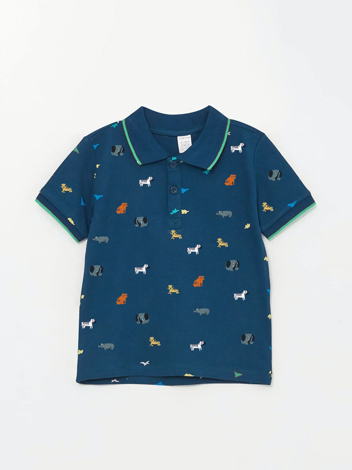 Blue polo shirt with dog pattern on a white background