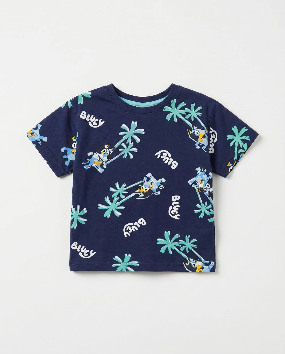 Boys' navy short-sleeve t-shirt with all-over Bluey tropical palm tree print