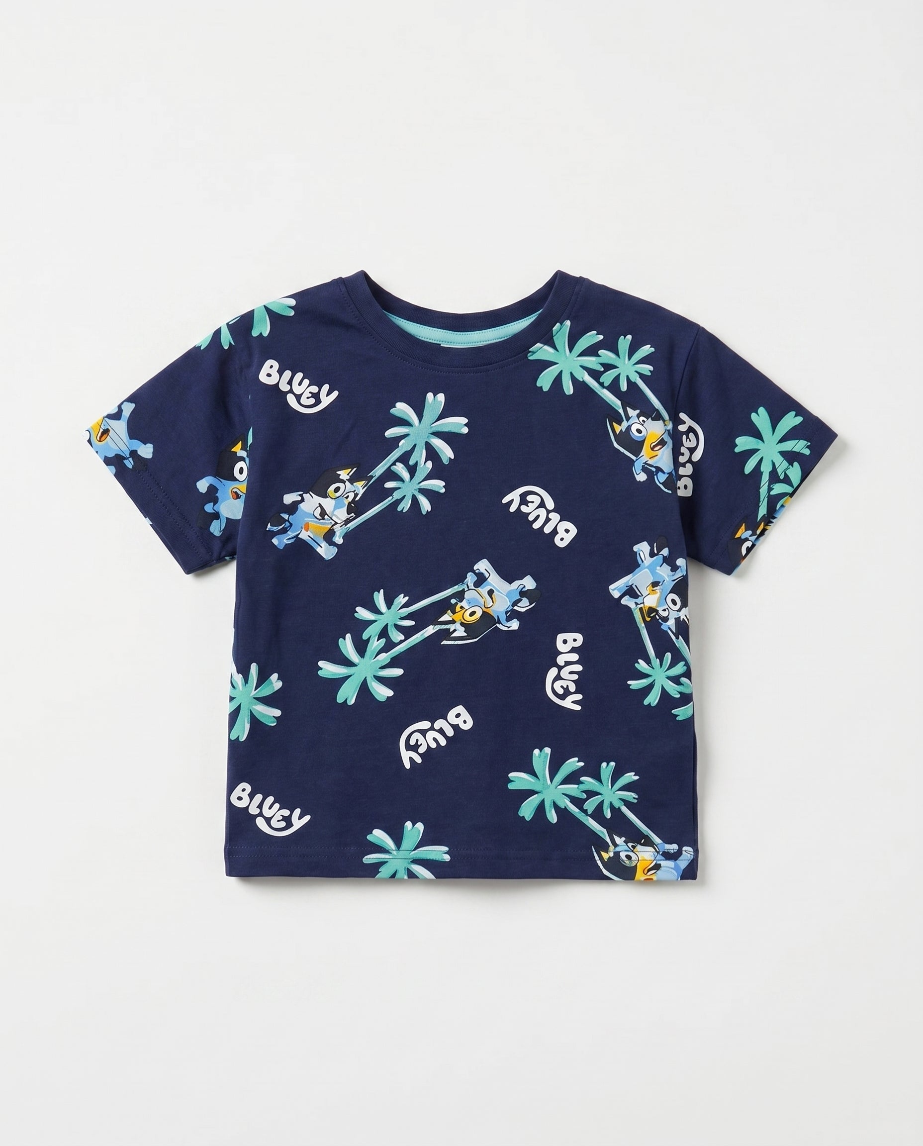 Boys' navy short-sleeve t-shirt with all-over Bluey tropical palm tree print