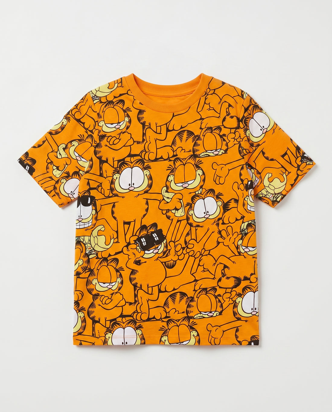 Boys' orange short-sleeve t-shirt with all-over Garfield comic cat print