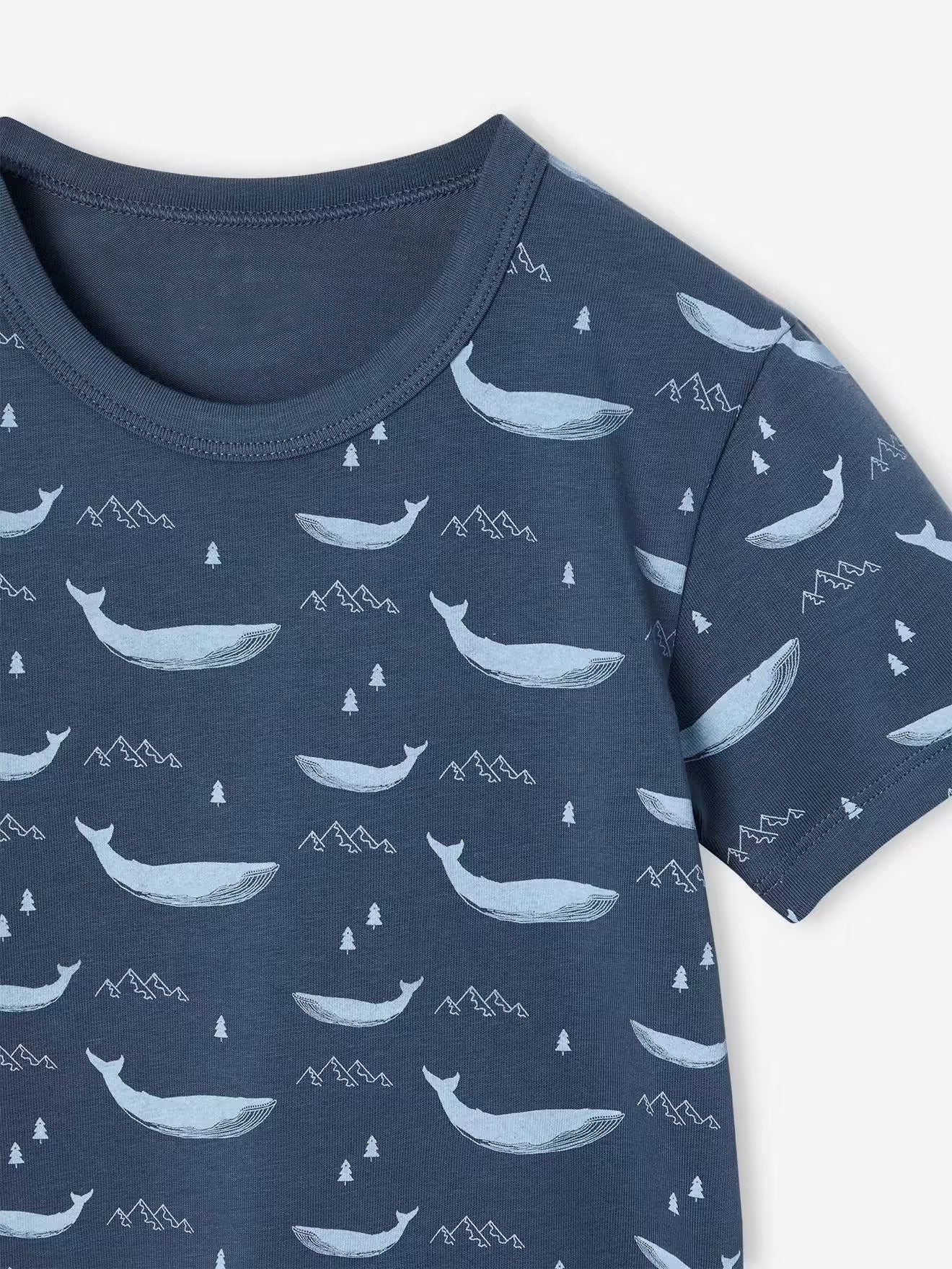 Boy's Navy Blue Whale Print Cotton T-Shirt