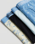 Close-up of boys' boxer briefs waistbands showing branded jacquard elastic in blue and AERO 87 varsity logo detail