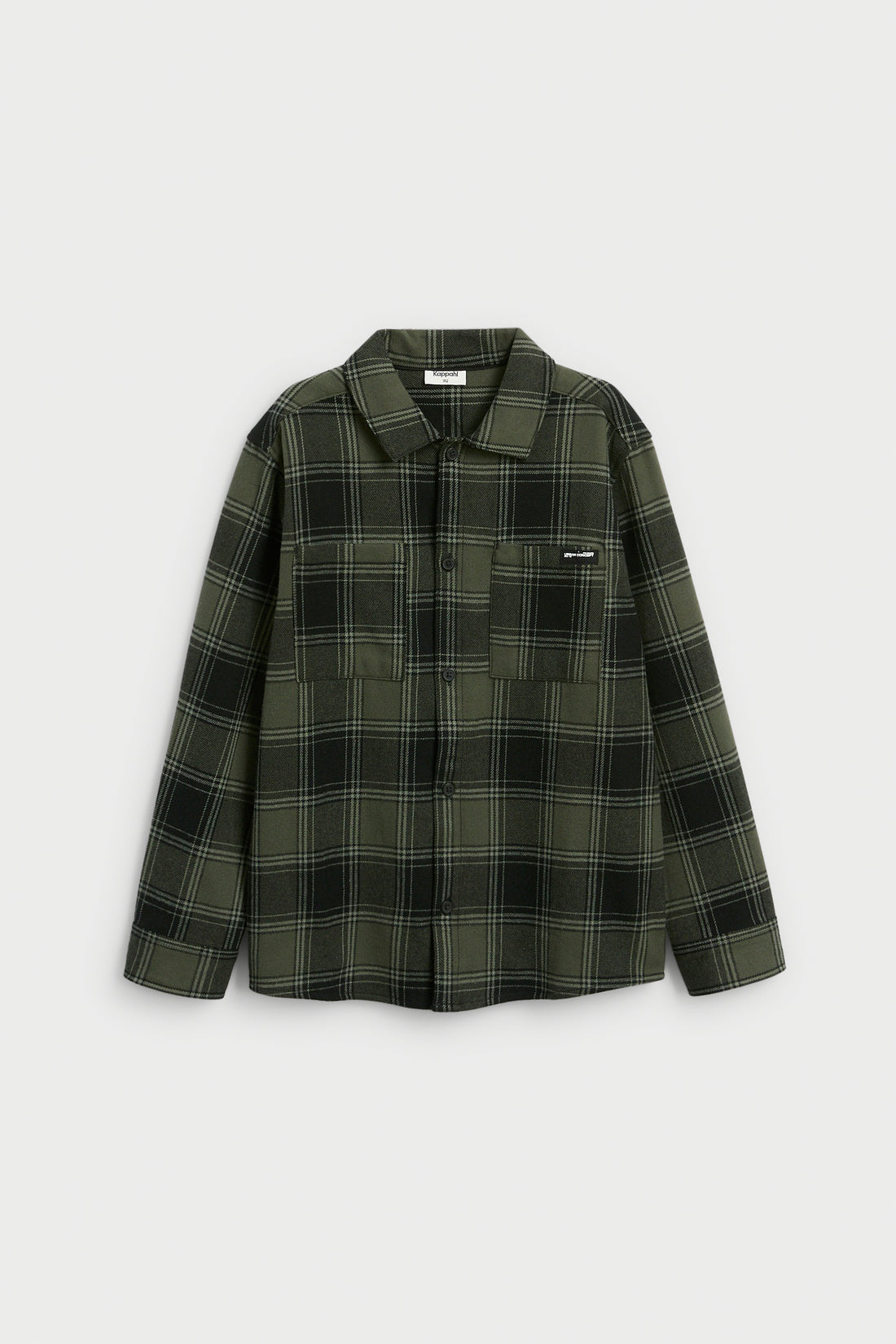 PTex Fashion boys' olive and black brushed flannel check overshirt with point collar and two chest pockets, flat-lay front view