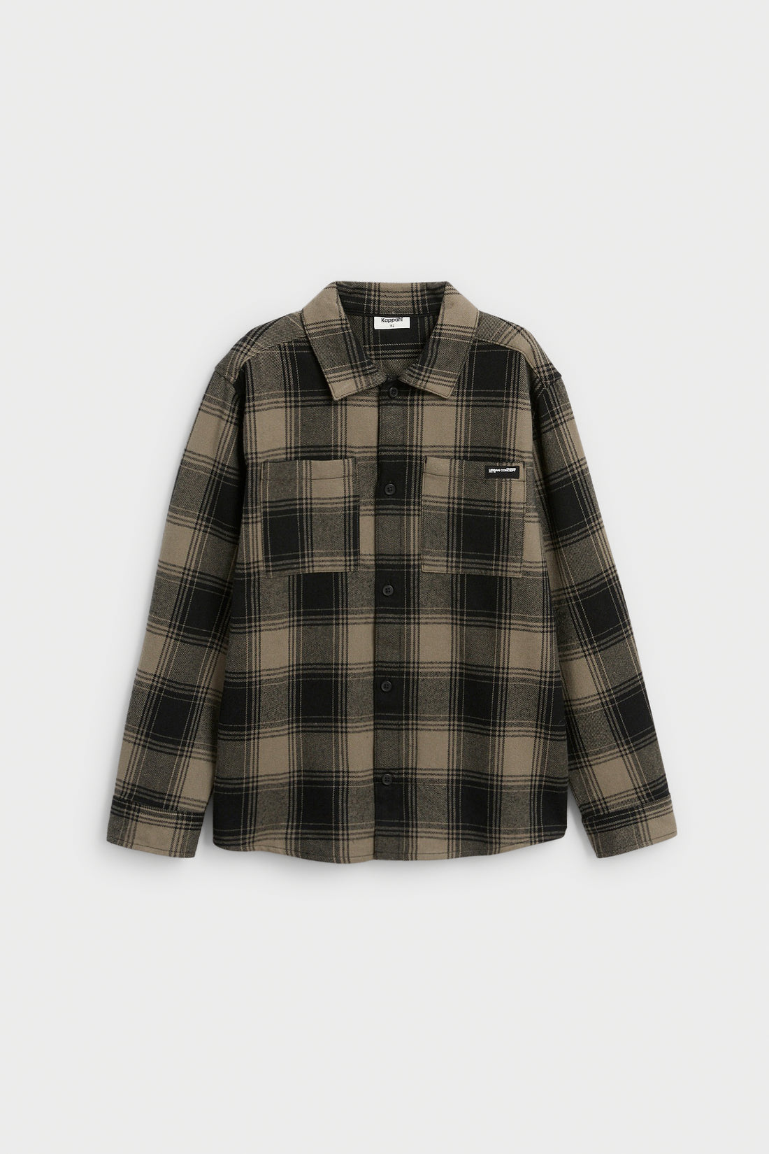 PTex Fashion boys' taupe and black flannel check overshirt close-up showing brushed twill texture, patch pocket with woven label and black buttons